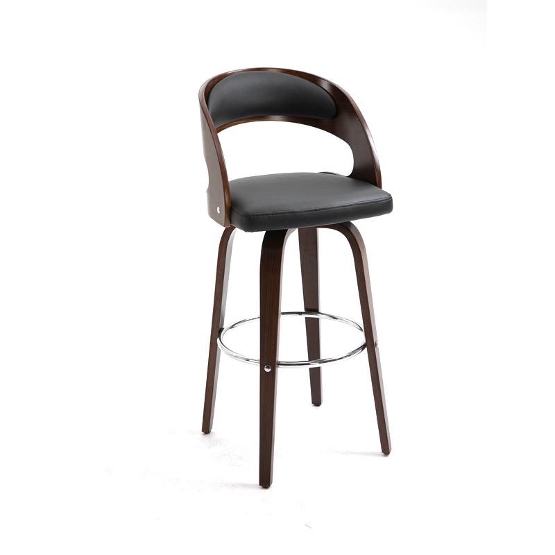 AH-1155 Luxury Hotel Style Curved Wood Barstool With Bent-Wood Legs And Chrome Halo Leg Rest