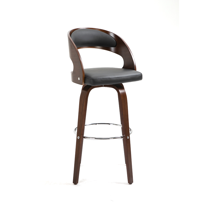 AH-1155 Luxury Hotel Style Curved Wood Barstool With Bent-Wood Legs And Chrome Halo Leg Rest