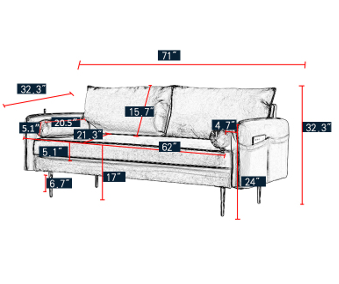 AH-0205 Double Wide Lawson Style Velvet Sofa With Chrome Gold Legs And Armrest Magazine Pockets